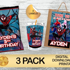 Etykiety na imprezę Spiderman Miles Morales Party Pack - Torebka na chipsy - Torebka na upominki - Sok - POBIERANIE CYFROWE