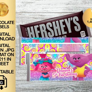 Troll Paper Labels Labels for Trolls Birthday Party Pack - Candy Bar Wrapper - Chocolate ...