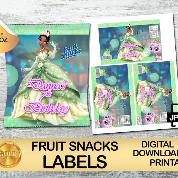 Princess Tiana Fruit Snacks Labels - Tiana Birthday Party - Only DIGITAL DOWNLOAD for Fruit Snacks 0.9oz