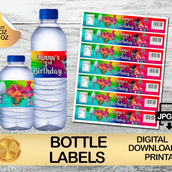 Labels For Trolls Party - Water Bottle Label - DIGITAL DOWNLOAD - Printable - TROLLS Birthday Supplies - Drink Bottles