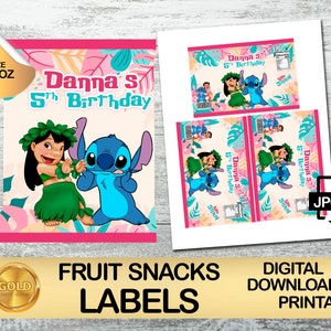 Pacchetto festa di compleanno Lilo e Stitch, DOWNLOAD digitale, confezione di snack alla frutta, etichetta gommose, materiali di consumo e modelli stampabili
