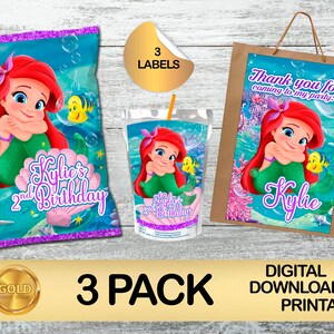 Étiquettes pour paquet de fête La petite sirène - sac à croustilles - sac de cadeaux - jus de fruits - TÉLÉCHARGEMENT NUMÉRIQUE - paquet de fête bébé Ariel
