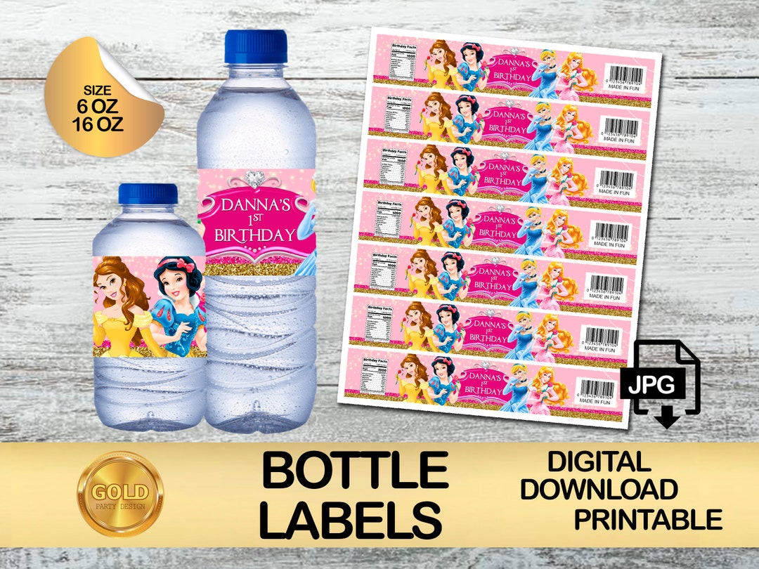 Labels for Princesses Party - Water Bottle Label - DIGITAL DOWNLOAD - Printable - Birthday ...