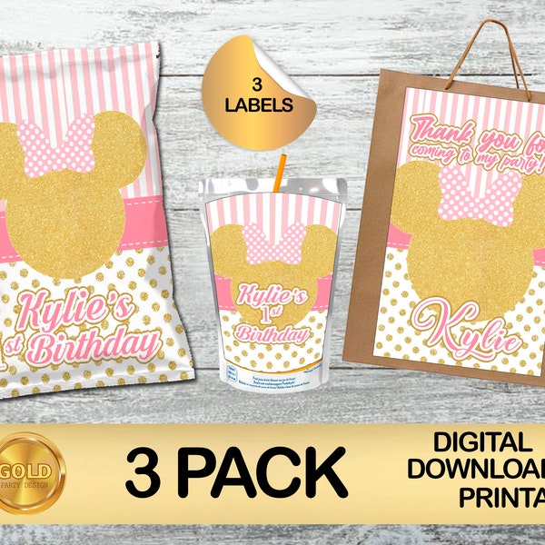 Labels for Minnie Mouse Gold Party Pack - Chip Bag - Favor Bag - Juice - labels DIGITAL DOWNLOAD