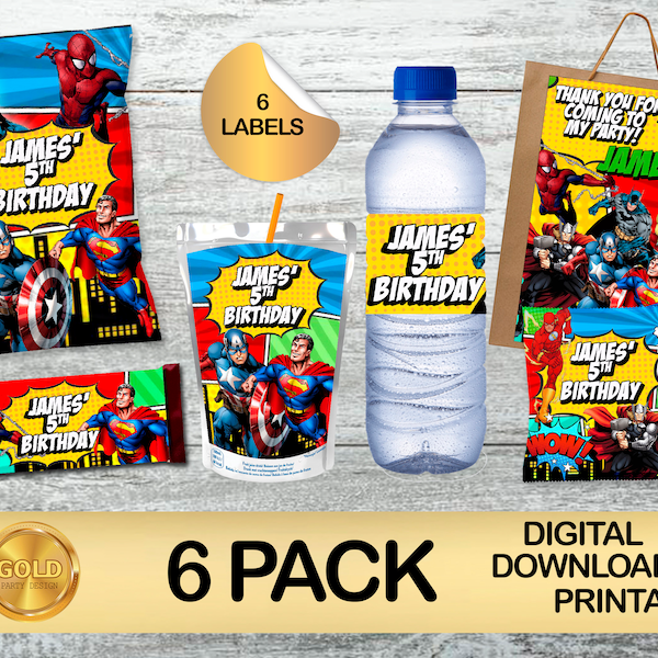 Labels for Superheros Party Pack - Chip Bag - Favor Bag - Juice - Water Bottle - Chocolate - Fruit snacks labels - DIGITAL DOWNLOAD