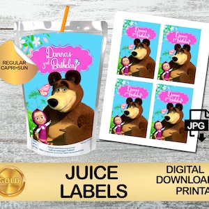 Pack fête d'anniversaire de Macha et l'ours - TÉLÉCHARGEMENT NUMÉRIQUE - étiquette de jus - fournitures et modèles imprimables - boisson de fête