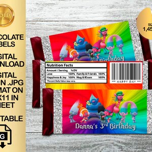 Troll Paper Labels Labels for Trolls Party Candy Bar Label 1.45oz Chocolate Label DIGITAL ...