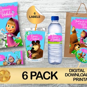 Pack fête d'anniversaire Masha et l'ours - FICHIERS NUMÉRIQUES - sac de chips, jus de fruits, sac de cadeaux, barre chocolatée, bouteille d'eau, sucette - lot de 6