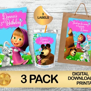 Pacchetto festa di compleanno Masha e Orso - DOWNLOAD DIGITALE - Borsa per patatine, Succo, Borsa per bomboniere - Confezione da 3 - Forniture e modelli stampabili - Confezione da 3