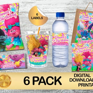 Pack d'étiquettes pour fête d'anniversaire des trolls - sac de chips - sachet de cadeaux - jus de fruits - barre chocolatée - collations aux fruits - bouteille d'eau - TÉLÉCHARGEMENT NUMÉRIQUE - lot de 6