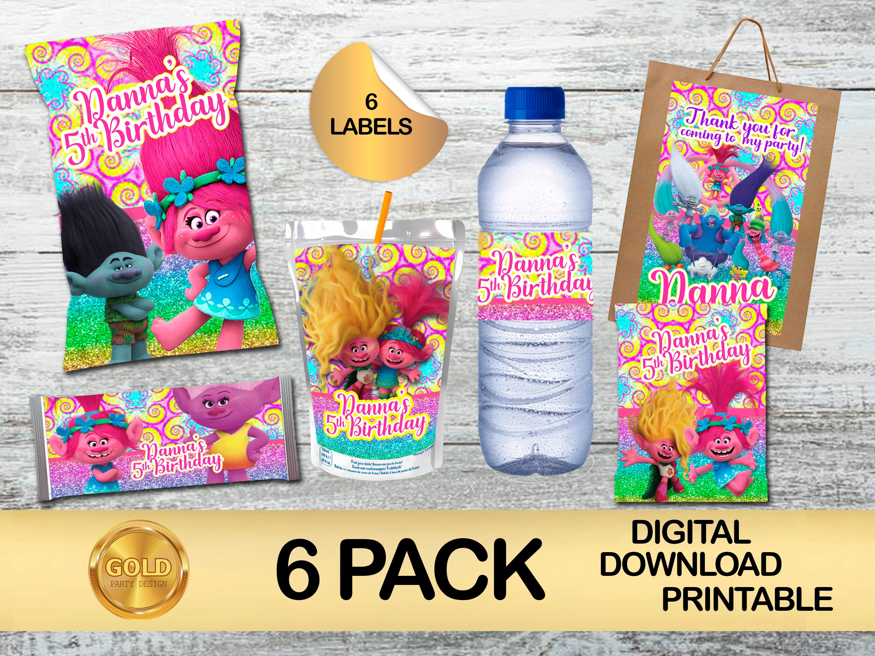Labels for Trolls Birthday Party Pack - Chip Bag - Favor Bag - Juice - Candy Bar - Fruit Snacks - Water bottle - DIGITAL DOWNLOAD - 6 Pack