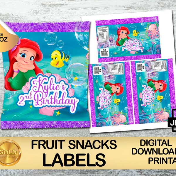 The Little Mermaid Fruit Snacks Labels - The Little Mermaid Birthday Party - Only DIGITAL DOWNLOAD for Fruit Snacks 0.9oz