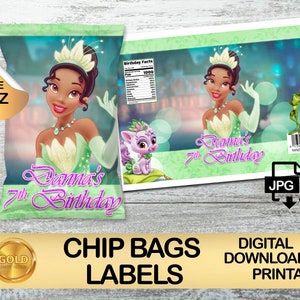 Label voor Princess Tiana Party Pack - Chip Bag label - DIGITALE DOWNLOAD - Chip bag 1oz