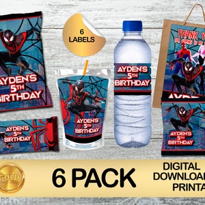 Labels for Spiderman Miles Morales Party Pack - Chip Bag- Favor Bag- Juice- Water Bottle - Chocolate - Fruit snacks labels- DIGITAL DOWNLOAD