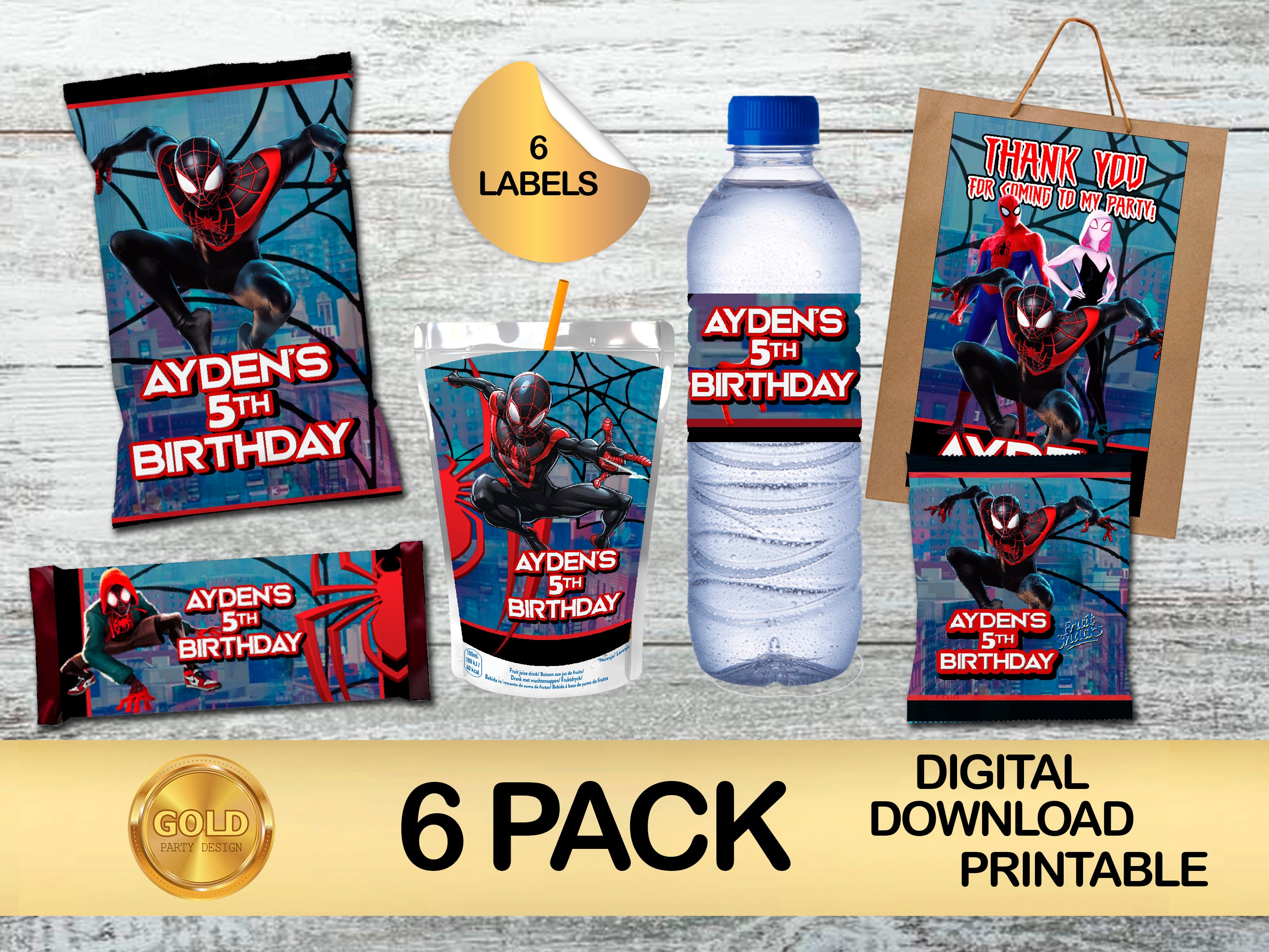 Miles Morales Spiderman Birthday Party Pack Chip Bag Lollipop Favor Bag  Juice Water Bottle Candy Bar Printables DIGITAL DOWNLOAD 