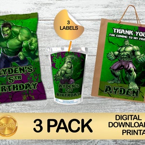 Etykiety na HULK Party Pack - Torebka z chipsami - Torebka z upominkami - Sok - POBIERANIE CYFROWE