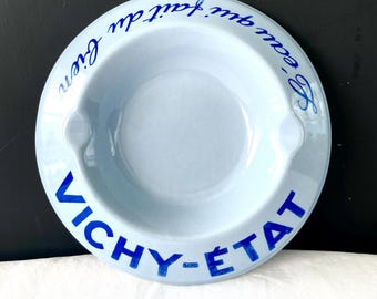 Vtg French VICHY-ETAT Blue Ashtray Trinkets MCM 1950s-60s Advertising