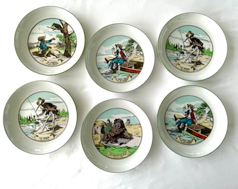 VTG LOT of 6 Porcelain Plates France Jean de la Fontaine Fables, Epinal Pèllerin Illustrations 7.5”