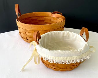 Vtg Lot of 2 Longaberger Round Nesting Baskets Leather Handles 10” & 6-1/2” Ivory Fabric Liner
