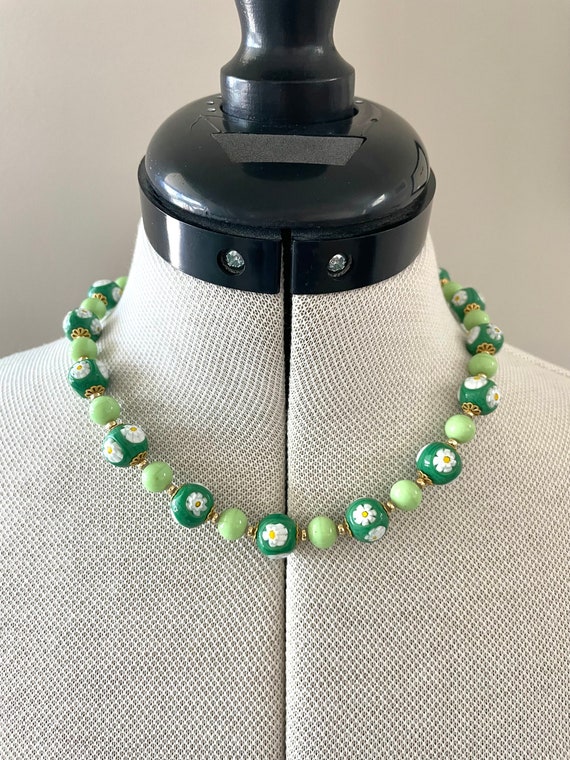 Vintage Murano Glass Bead Necklace Green Milleflor