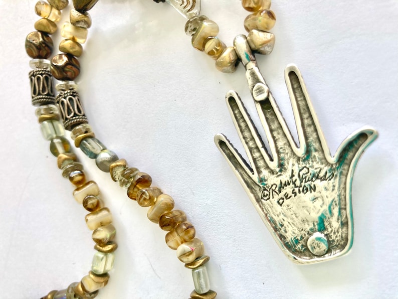 Vintage Robert Shields Design Multi-Colored Beads Sterling Silver Large Heart in Hand Charm Necklace 18\u201d