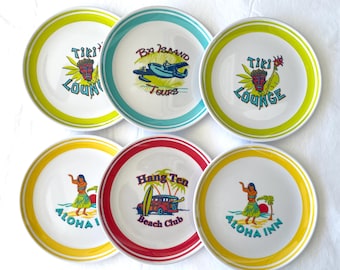 Vtg Lot of 6 Hawaii Tiki Beach Aloha Summer Appetizer Dessert Melamine Party Plates Rare Collectible