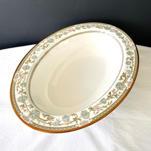 Vintage Noritake Sakura Bone China Oval Vegetable Serving Bowl - Green, Pink, Blue, White - Mint - Metallic Gold Border