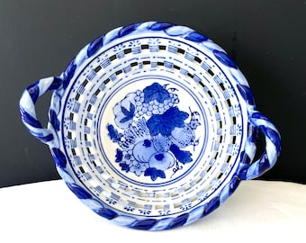Vintage Reticulated Pierced Weave White and Blue Porcelain Fruit Bread Bowl