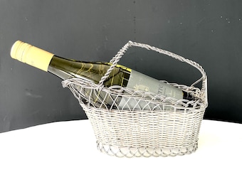 Vintage French Woven Silvered Metal Wine Bottle Carrier Basket Lattice-Looped Base, Wine Pourer