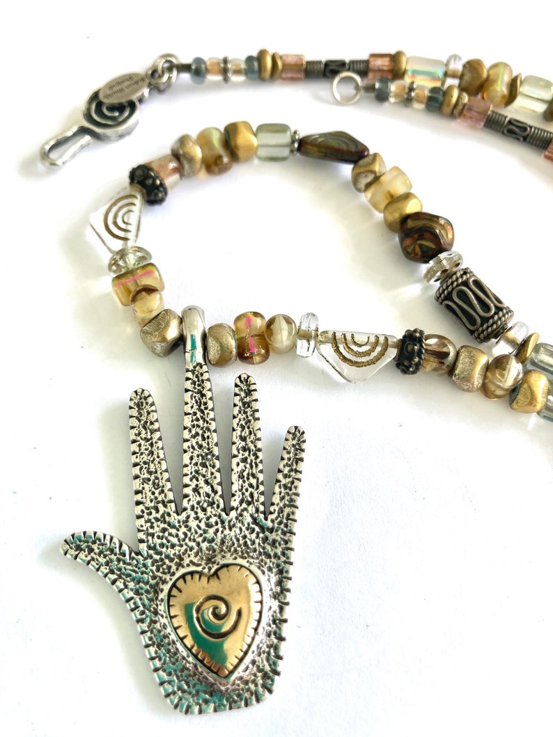 Vintage Robert Shields Design Multi-Colored Beads Sterling Silver Large Heart in Hand Charm Necklace 18\u201d
