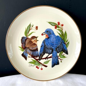 May include: A decorative plate featuring a detailed illustration of two birds perched on a branch with red berries and green leaves. The birds are a vibrant blue and brown, set against a cream-colored background with a gold rim.