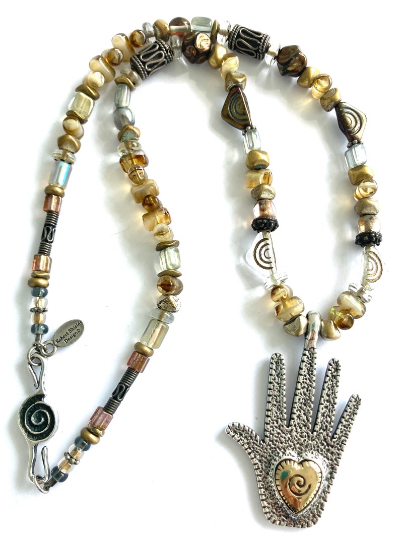 Vintage Robert Shields Design Multi-Colored Beads Sterling Silver Large Heart in Hand Charm Necklace 18\u201d