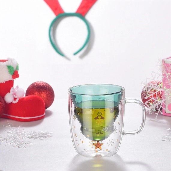 300ml Creative Christmas Tree Glass Cup Heat-Resistant Double Wall Glass  Cup Coffee Mug with Lid Cute Christmas Gifts for Girls