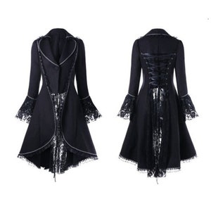 Gothic Long Coat, Gothic Coat for Women, Medieval Victorian Coat, Women Scorpion Jacket, Ribbon Bow lace up,  Flocking Long Sleeve Overcoat