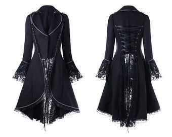 Gothic Long Coat, Gothic Coat for Women, Medieval Victorian Coat, Women Scorpion Jacket, Ribbon Bow lace up,  Flocking Long Sleeve Overcoat
