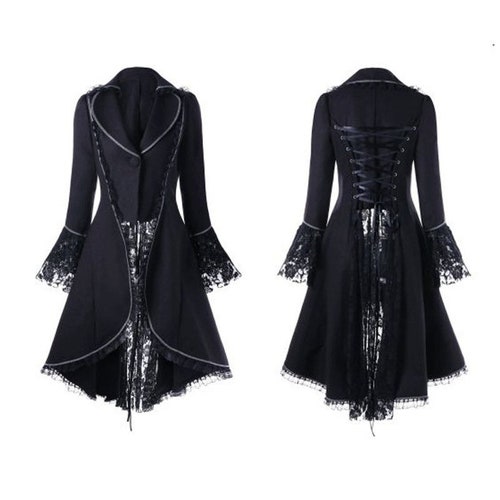 Manteau long gothique, manteau gothique pour femmes, manteau victorien médiéval, veste scorpion pour femmes, dentelle à nœud ruban vers le haut, pardessus à manches longues floquées