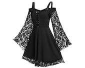 Goth Dress Plus Size, Cold shoulder Gothic Dress, Cosplay Costume, Long Flared Sleeve, Gothic Mini Dress, Kawaii Costume, Punk Mini Dress