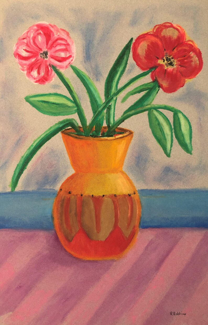 OIL PASTEL original art Vase with two flowers Etsy