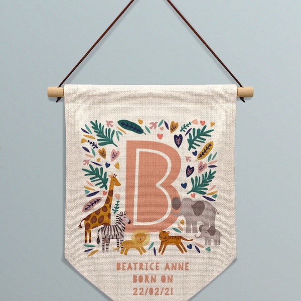 Safari Animal Initial Personalised Linen Banner. Personalised Nursery Banner.Personalised wall banner. Personalised gift for Baby.