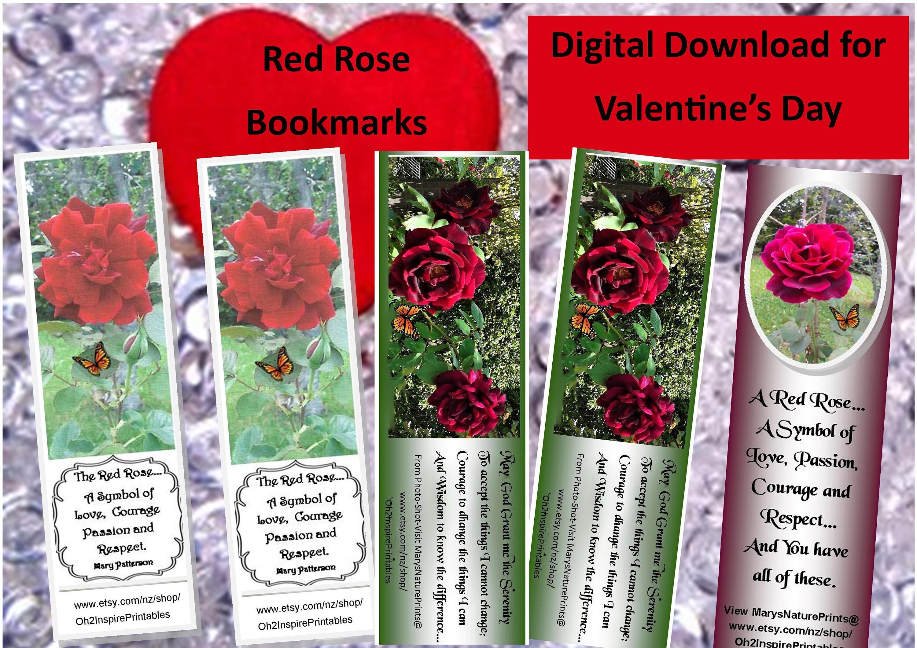 Red Roses Bookmarks A Beautiful Red Rose Set of Varied Bookmarks for Admiration, Love ...