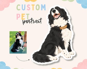 May include: A digital illustration of a black and white Border Collie with a tan collar, shown sitting with its mouth open. The text CUSTOM PET portrait is displayed in colorful letters. A small reference photo of the same dog is included.