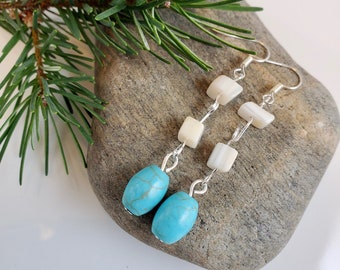 Turquoise Earrings with Natural Shell, Blue Gemstone Dangle Earrings, Gift for Her