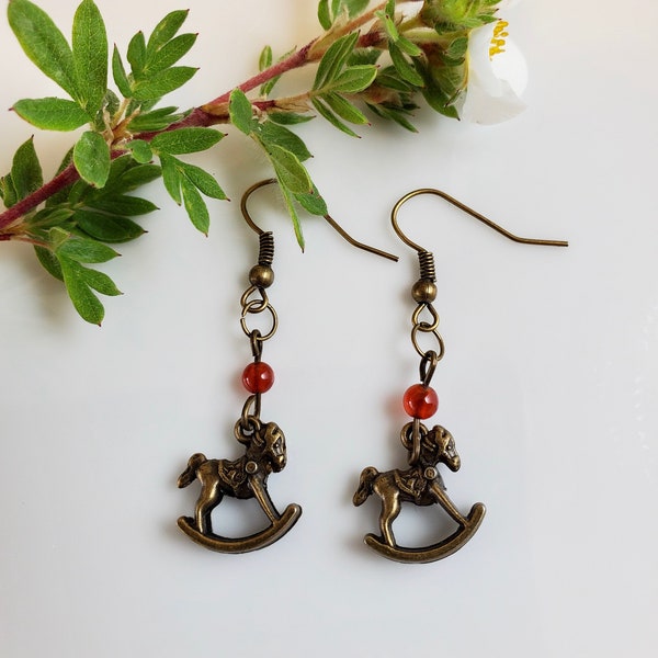 Hobbyhorse Earrings, Antique Brass Interspersed with Red Beads, Horse Dangle Earrings, Gift for her