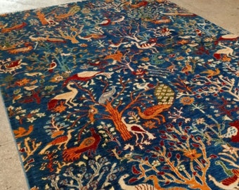 Turkish Hunters Rug 6x9 ft' | Oriental Wool Rug | Silk Area Rug | Hand-knotted Birds Rug | Blue Hall Rug | Modern Rug | Living Room Rug