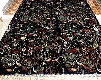 Black Hunters Rug 8x10, Silk Wool Oriental Rug, Handmade Animal Print Rug, Large Area Rug, Living Room Rug, Office Rug, Modern Rug, Xl Rug