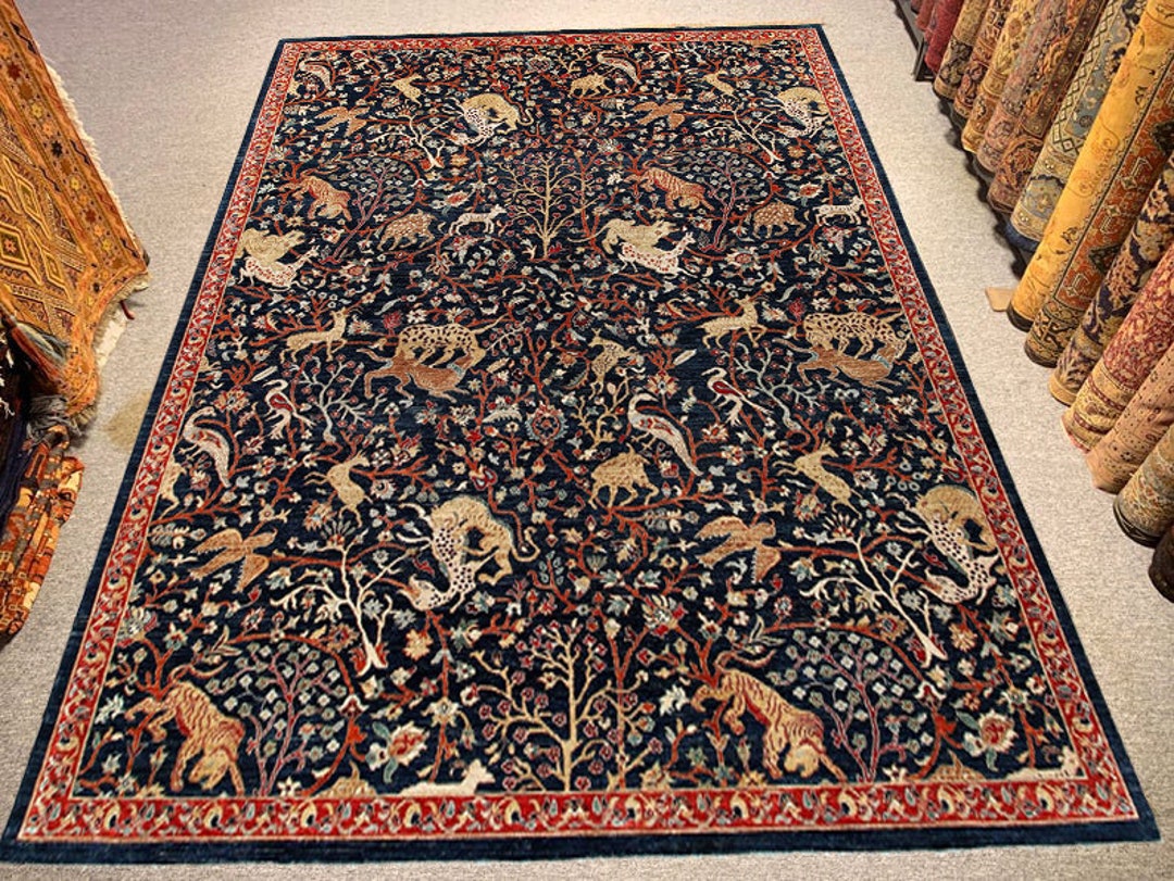 Oriental Blue Rug 8X10 Large Area Wool Rug Hunting Animal Etsy