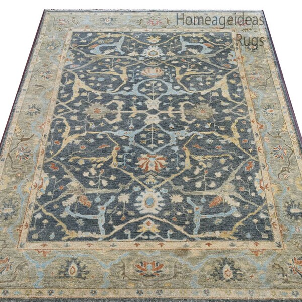 9x12 Blue Hand Knotted Traditional Oushak Wool Area Rug, Living Room Rug, Natural Wool Rug, Low Pile Area Rug, Living Room Rug, Bedroom Rug