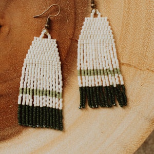 Ayla / Nature Inspired Seed Beaded Earrings / Native seed bead earrings / Bohemian dangle earrings / Gift for her / Made in Oregon Cream/Green