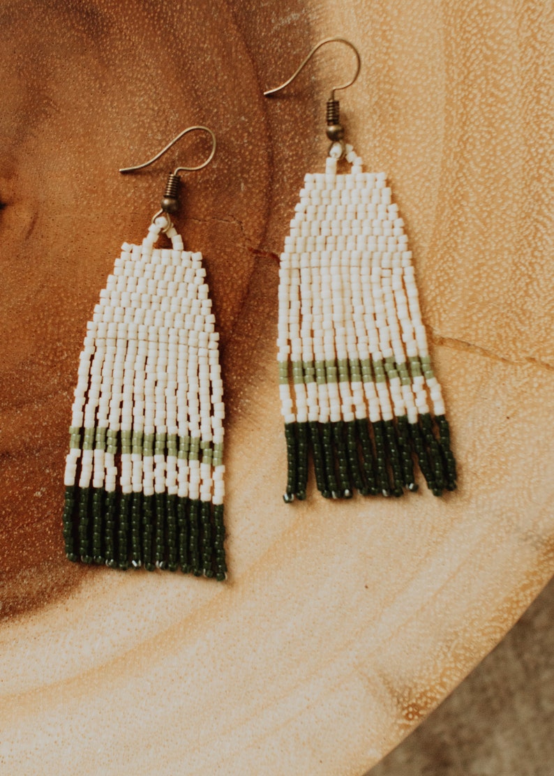 Ayla / Nature Inspired Seed Beaded Earrings / Native seed bead earrings / Bohemian dangle earrings / Gift for her / Made in Oregon Cream/Green