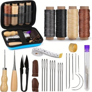 Kit de costura de cuero con hilo encerado, agujas y punzón, juego de herramientas para manualidades en cuero, kit de reparación de costura a mano, accesorios para trabajar el cuero.